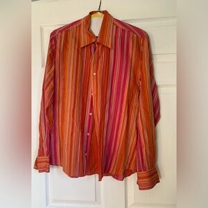 TENKA 24 Men's L Striped Button Down Shirt Orange Pink Multi-Color Long Sleeve